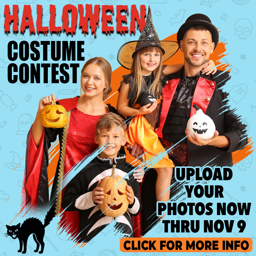 Halloween contest graphic showing kids wearing costumes